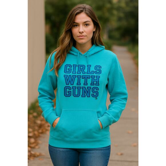 Outdoorsy Statement Hoodie Girls With Guns Blue Pullover XL - Picture 1 of 7